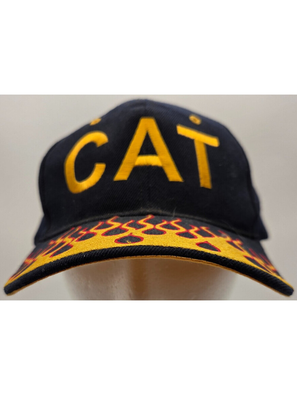 CAT Caterpillar Hat Black Yellow Flame Brim Adjustable Cap Players One Size